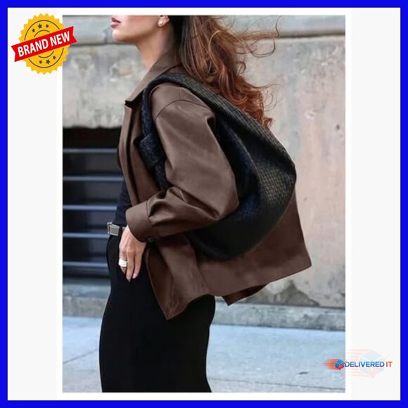 Faux Leather Blazer Jacket Oversized Business Work Open Front Lapel Collar - Picture 2 of 4